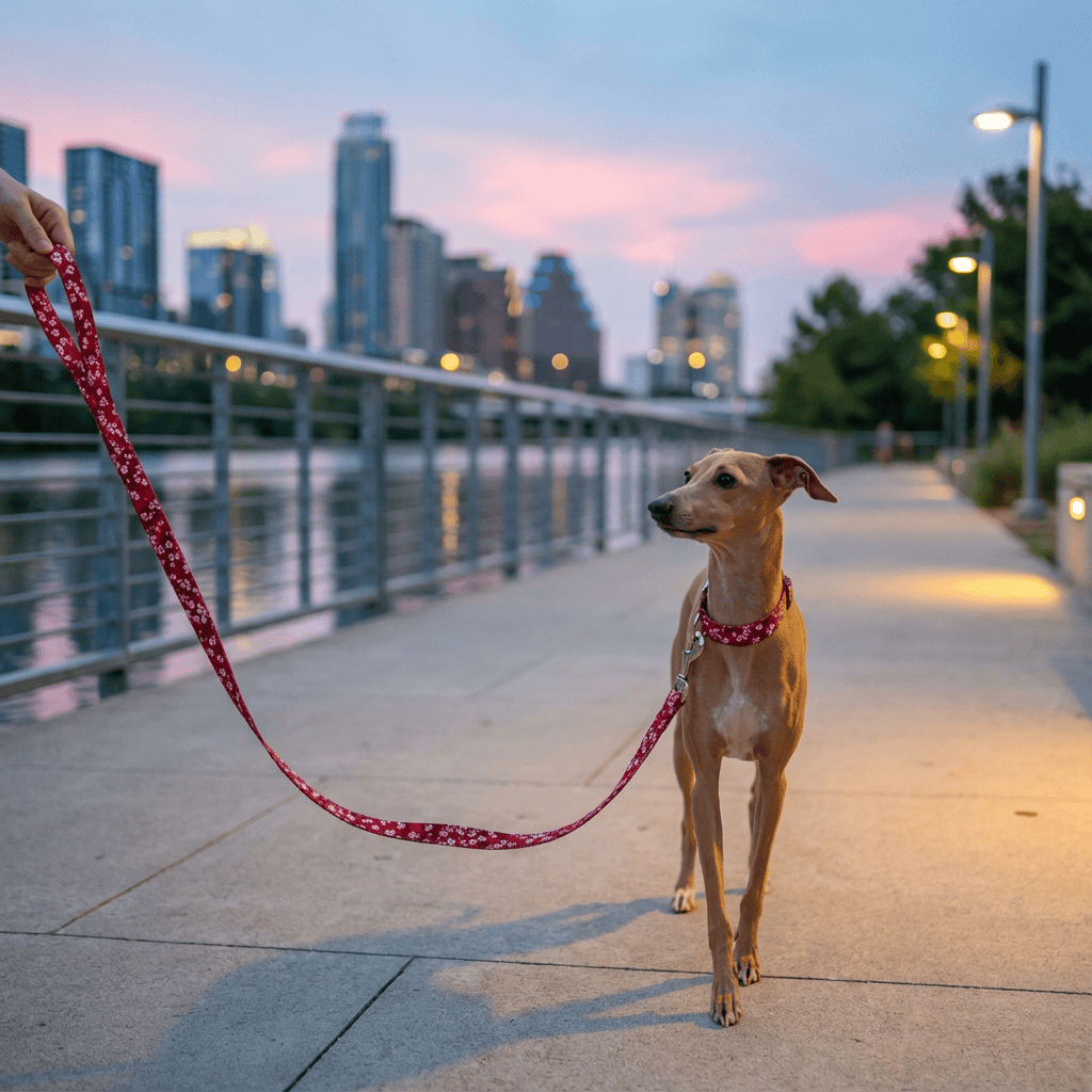 A stylish dog walking on a path with a BloomTrail Floral Pet Leash, showcasing its cheerful floral design.