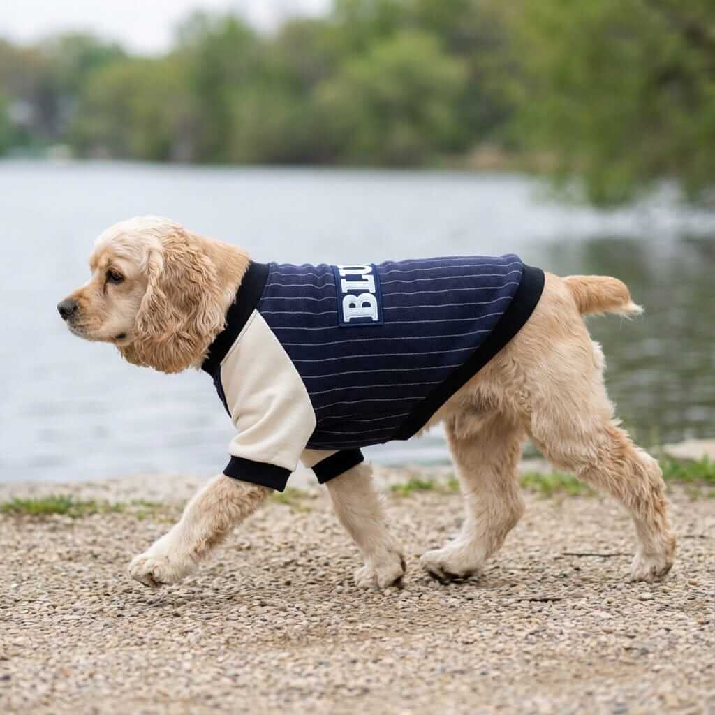 Blue Baseball Dog Sweatshirt on a golden cocker spaniel by the water, featuring a charming striped design and soft material.