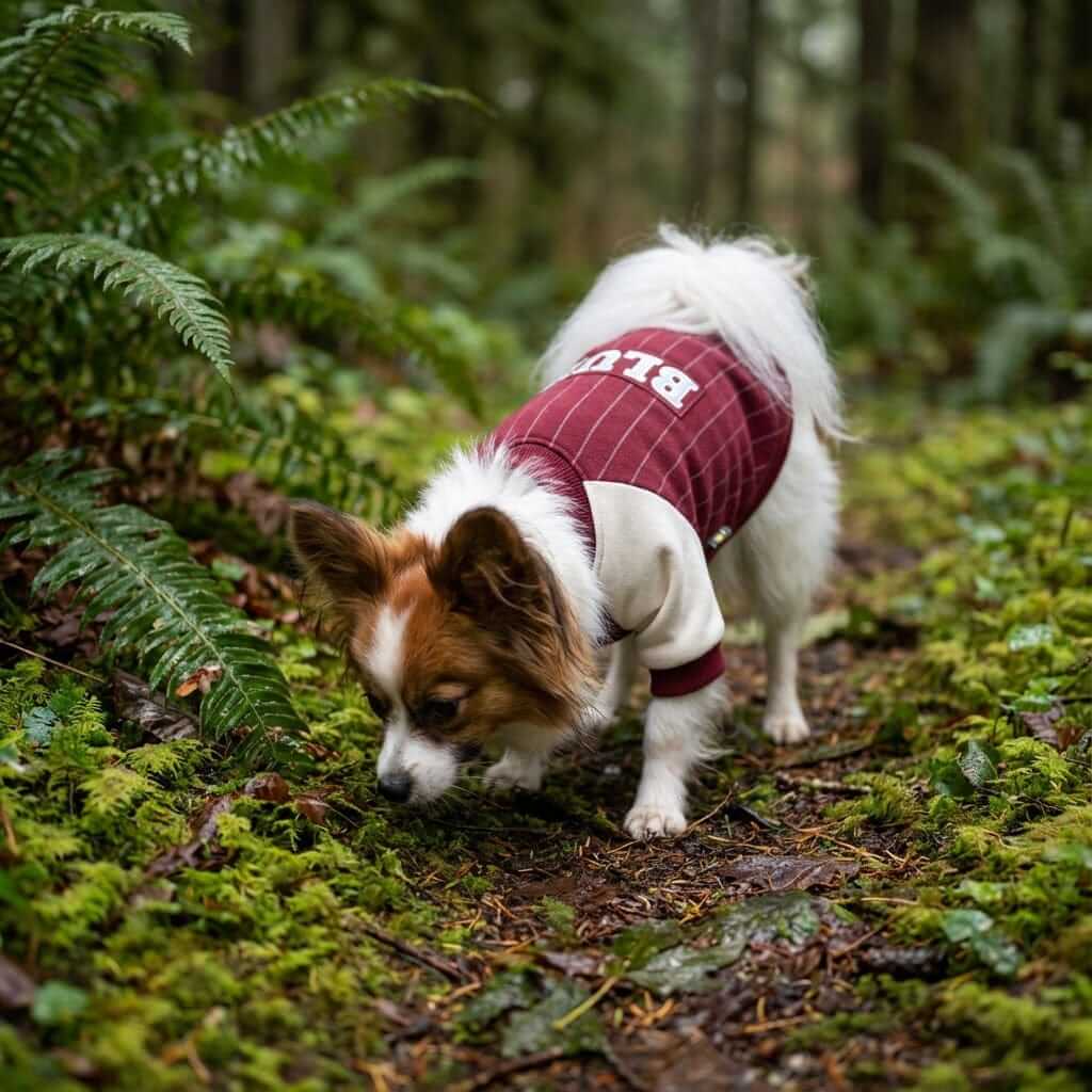 Blue Baseball Dog Sweatshirt on a dog exploring nature, featuring a soft design perfect for chilly weather.