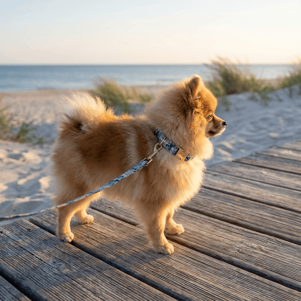 Dog on a beach wearing a Bold Bloom Floral Metal Dog Collar by Dogs & Cats brand, showcasing its stylish floral pattern.