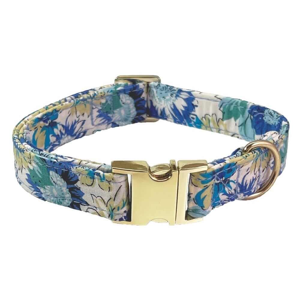 Bold Bloom Floral Metal Dog Collar featuring floral pattern and gold metal accents, perfect for stylish medium and large dogs.