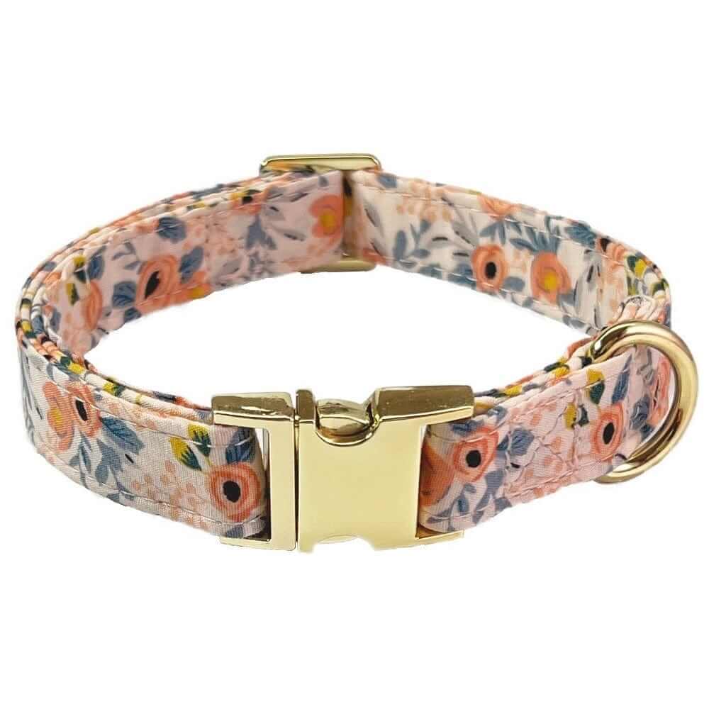 Bold Bloom Floral Metal Dog Collar featuring a floral pattern and gold accents for medium and large dogs from Dogs & Cats.
