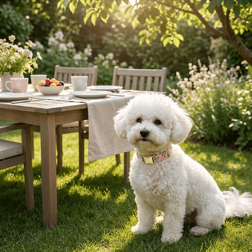Bold Bloom Floral Metal Dog Collar on a fluffy white dog sitting at a garden table in sunlight.