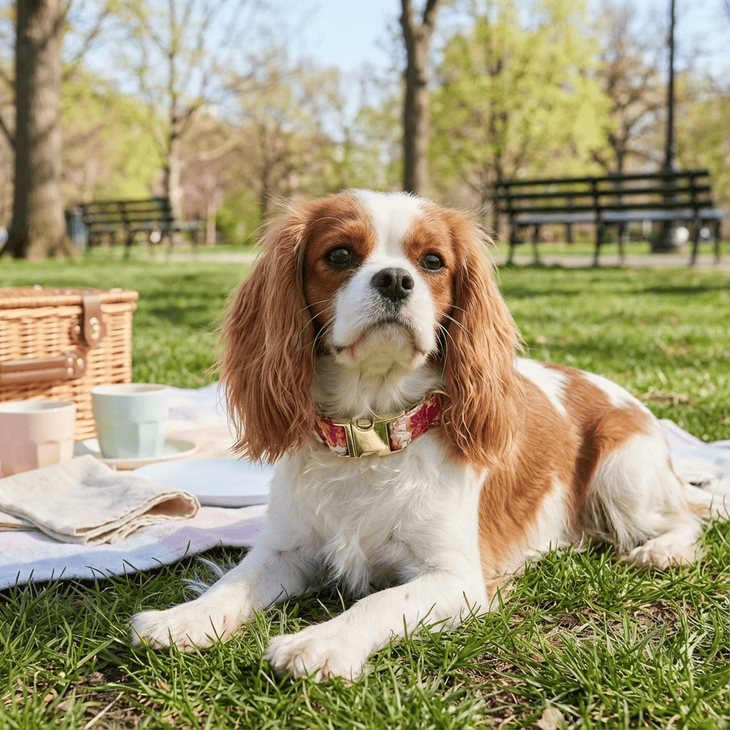 Bold Bloom Floral Metal Dog Collar on a Cavalier King Charles Spaniel in a park setting, showcasing style and comfort.