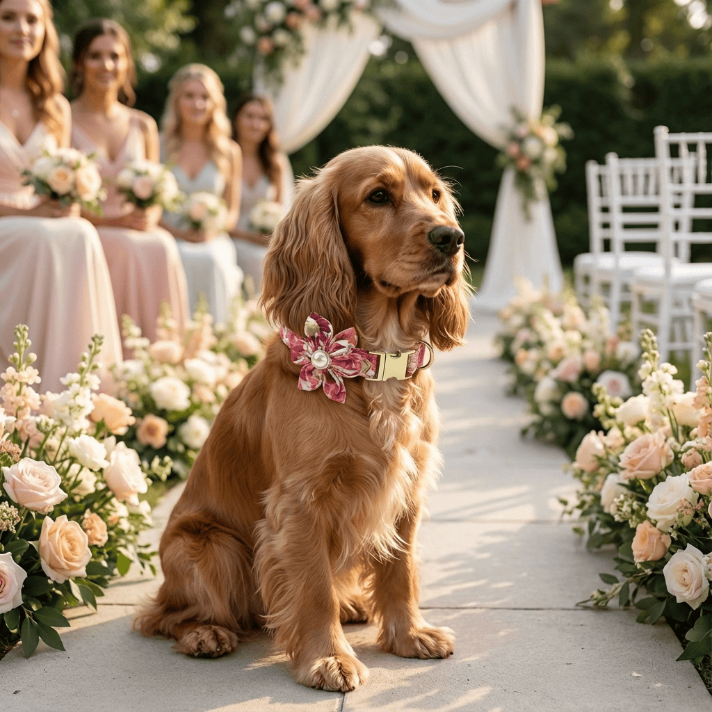 Bold Bloom Floral Metal Dog Collar on a golden dog at a wedding surrounded by flowers and bridesmaids.