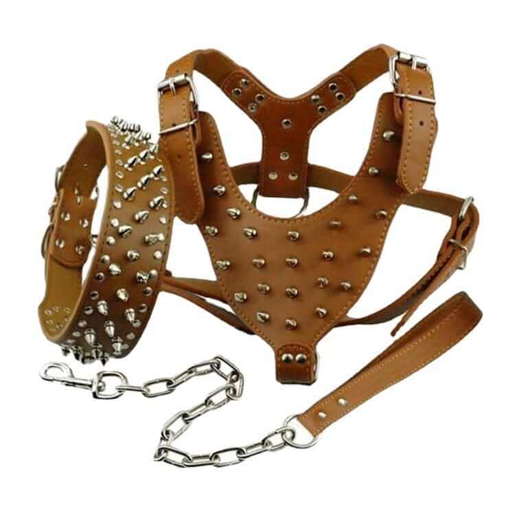 BoldGuard Spiked Dog Harness Set, studded leather harness, collar, matching leash, durable for large dogs.