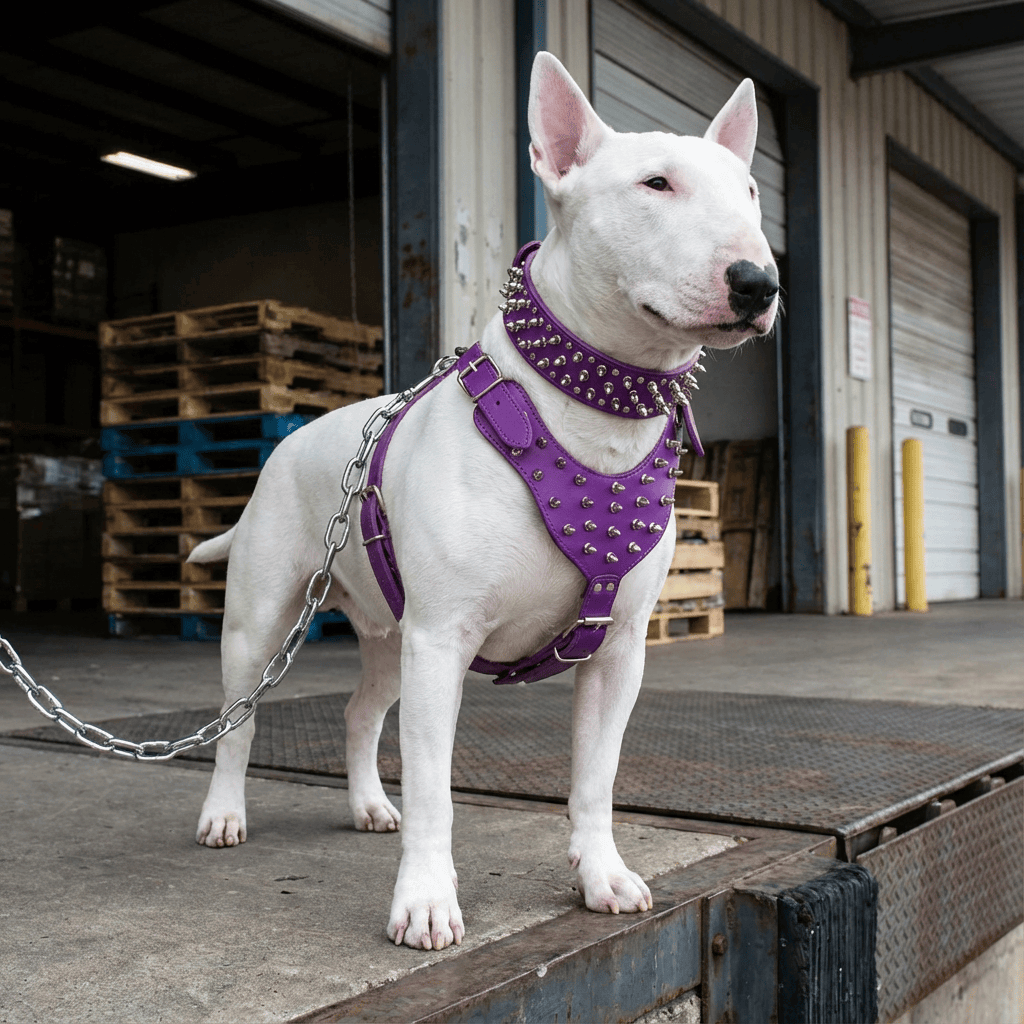 BoldGuard Spiked Dog Harness Set featuring a strong purple design with gold spikes for large breeds.