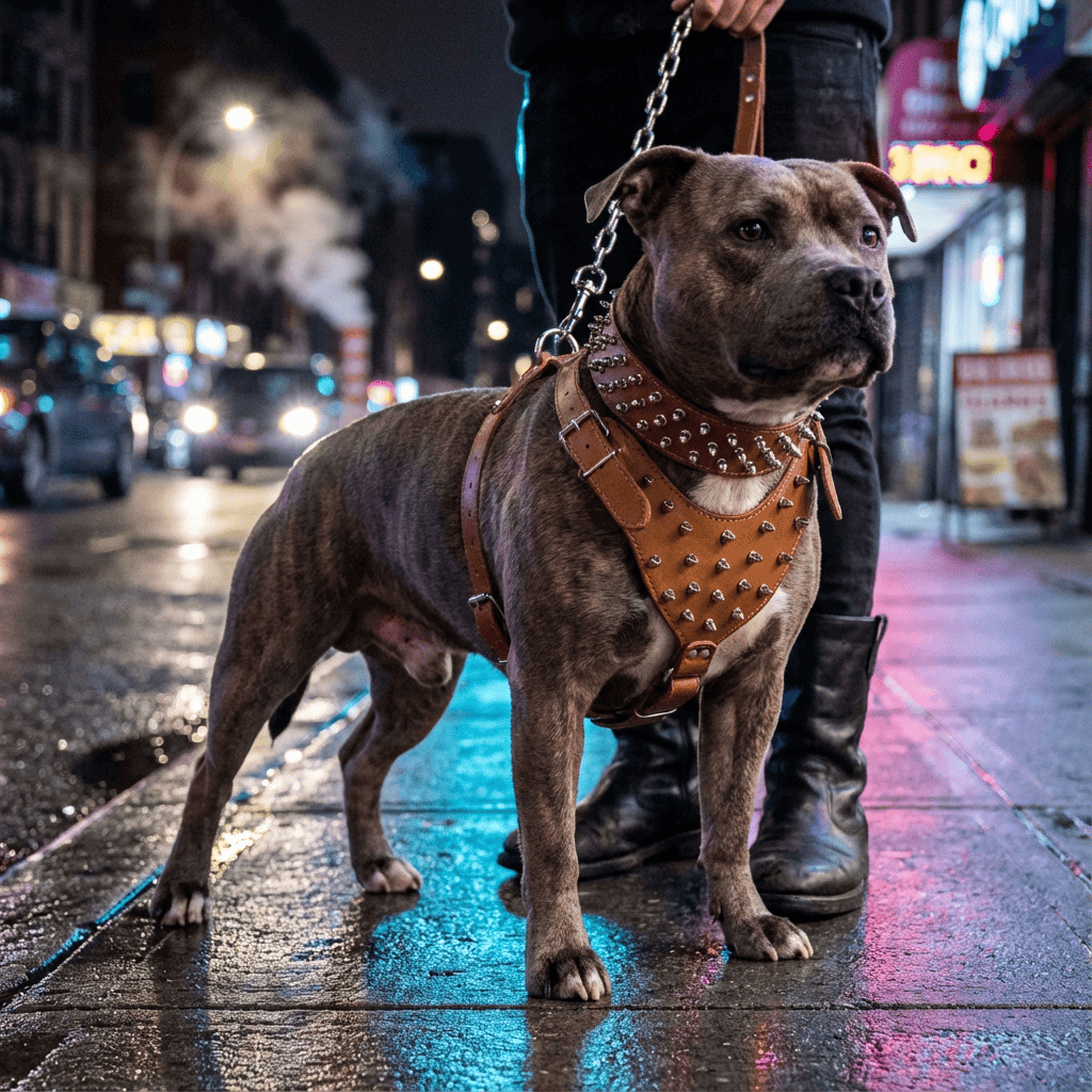 BoldGuard Spiked Dog Harness Set on a powerful dog, showcasing style and strength, perfect for large breeds by Dogs & Cats.