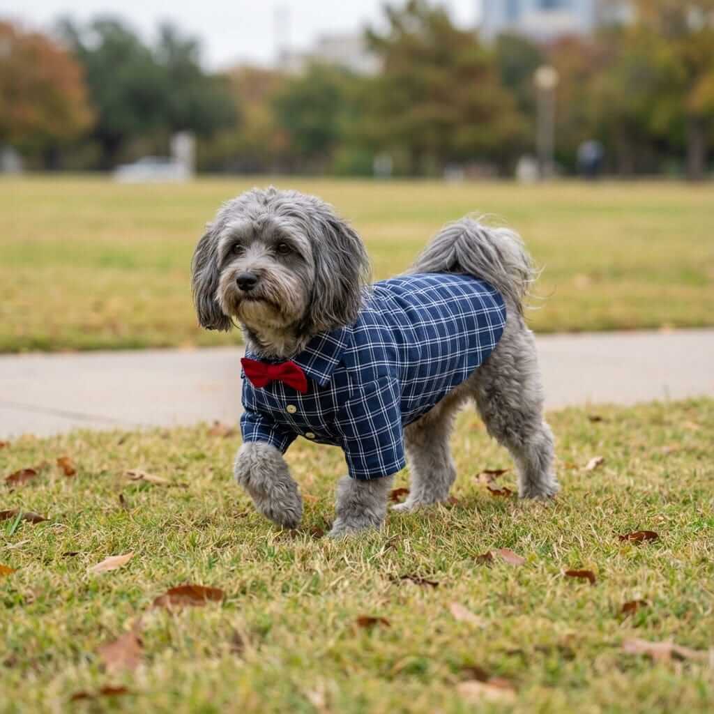 Adorable dog in a Bow Neckline Plaid Dog Shirt, featuring a turn-down collar and plaid pattern, perfect for stylish pets.