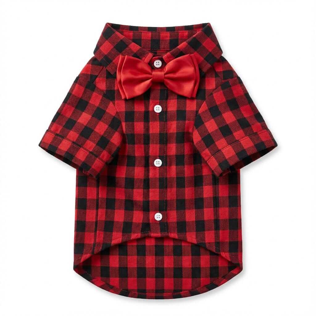 Bow Neckline Plaid Dog Shirt for dogs with plaid pattern, breathable fabric, and bow tie feature by Dogs & Cats.