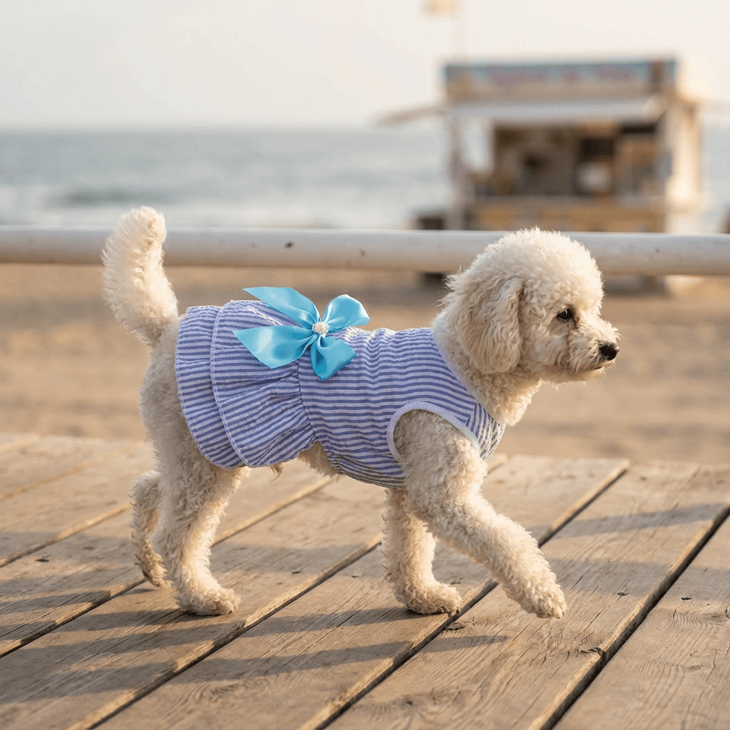 BowBelle Striped Dog Dress on a small dog at the beach showcasing vertical stripes and a bow knot.