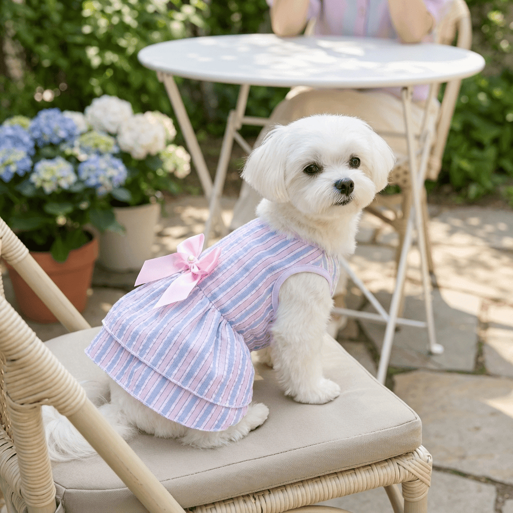 BowBelle Striped Dog Dress on a small white dog, featuring vertical stripes and a cute bow, perfect for summer.
