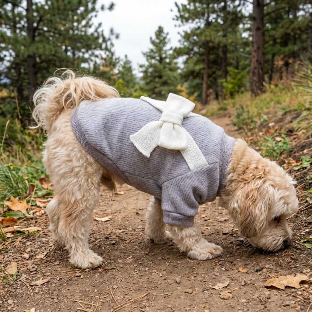 Dog wearing Bowknot Back Knitted Sweater, non-allergenic organic wool, perfect for chilly weather.