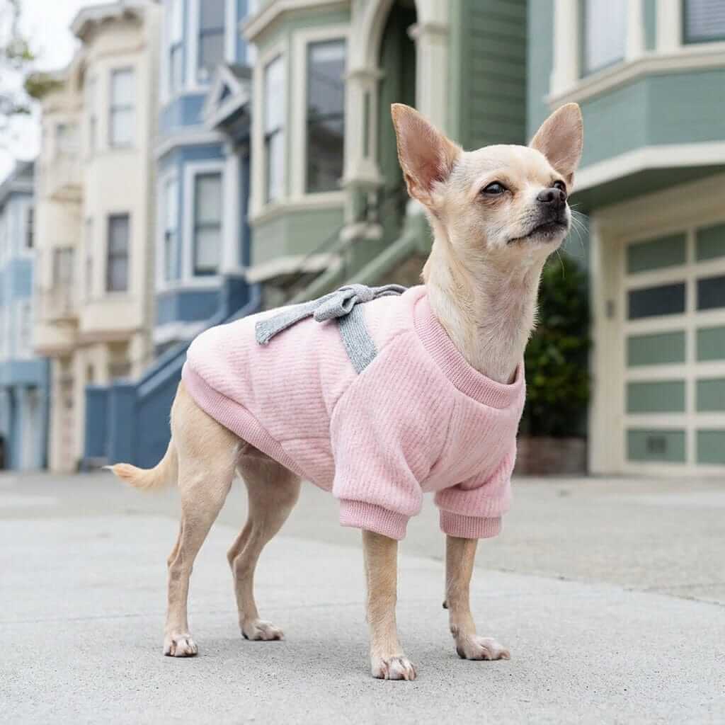Bowknot Back Knitted Sweater on a Chihuaha dog, featuring non-allergenic organic wool, by Dogs & Cats brand.