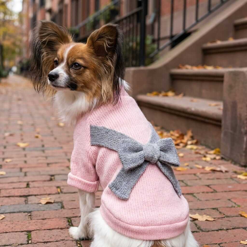 Bowknot Back Knitted Sweater for Dogs & Cats, non-allergenic organic wool, stylish and warm bow design.