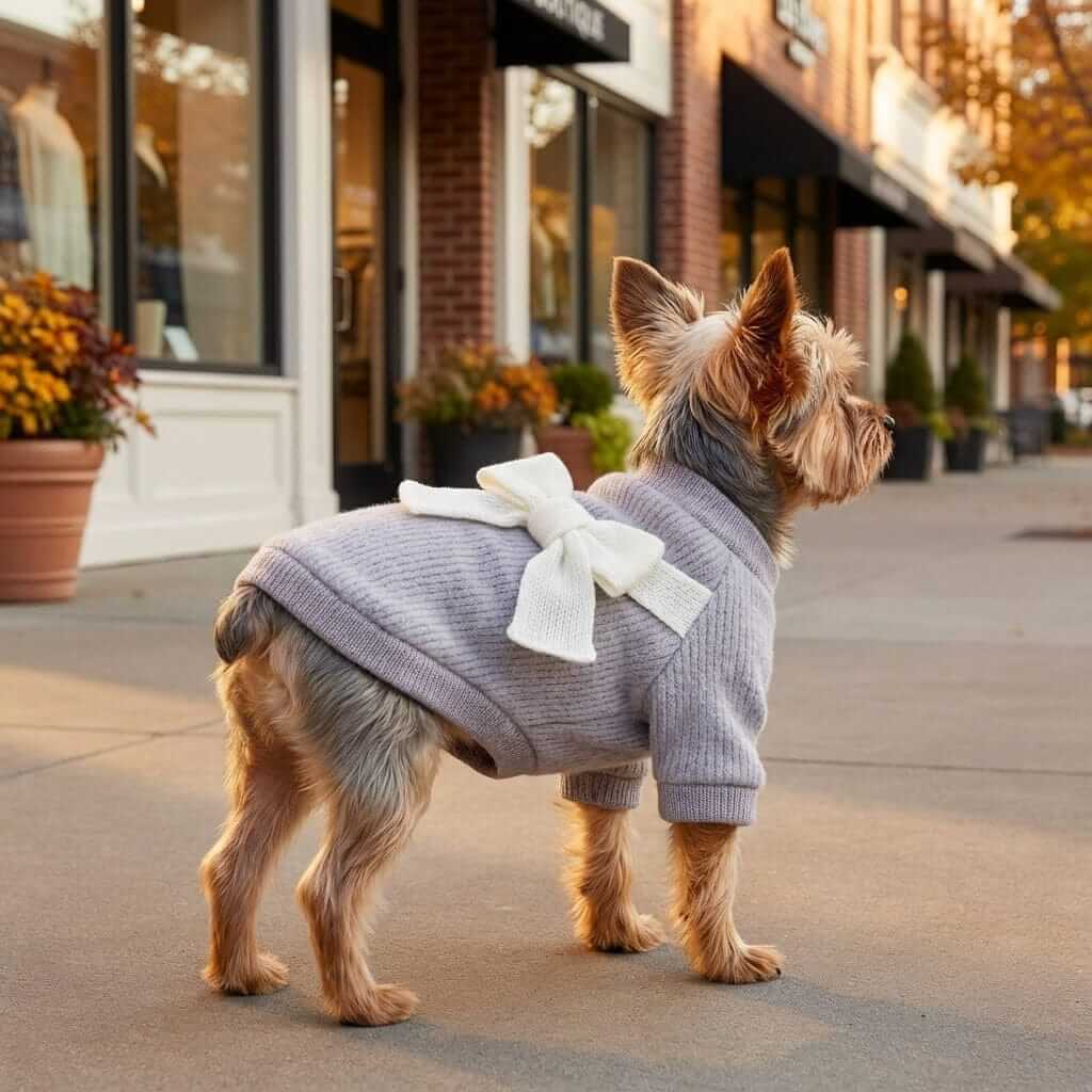 Dog wearing Bowknot Back Knitted Sweater, non-allergenic organic wool, stylish and warm for pets.