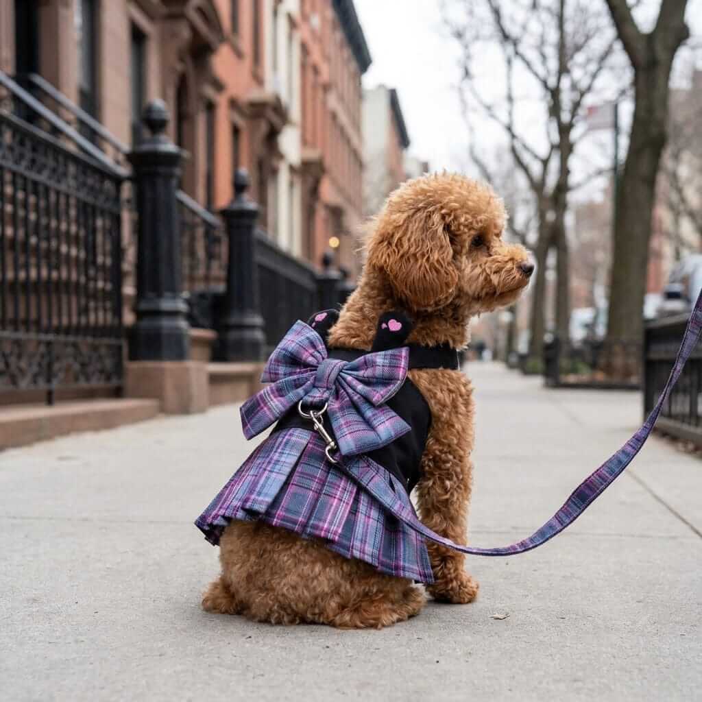 Bowknot Plaid Dog Harness Dress on a stylish dog, showcasing eye-catching design and features by Dogs & Cats brand.