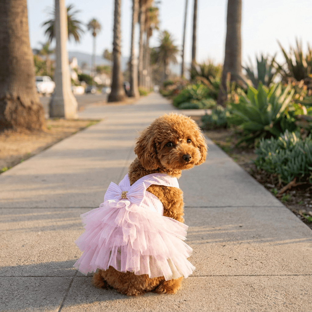 Dog wearing a Bowknot Ruffle Sleeveless Dress in pink, showcasing its ruffle design and elegance for Dogs & Cats brand.