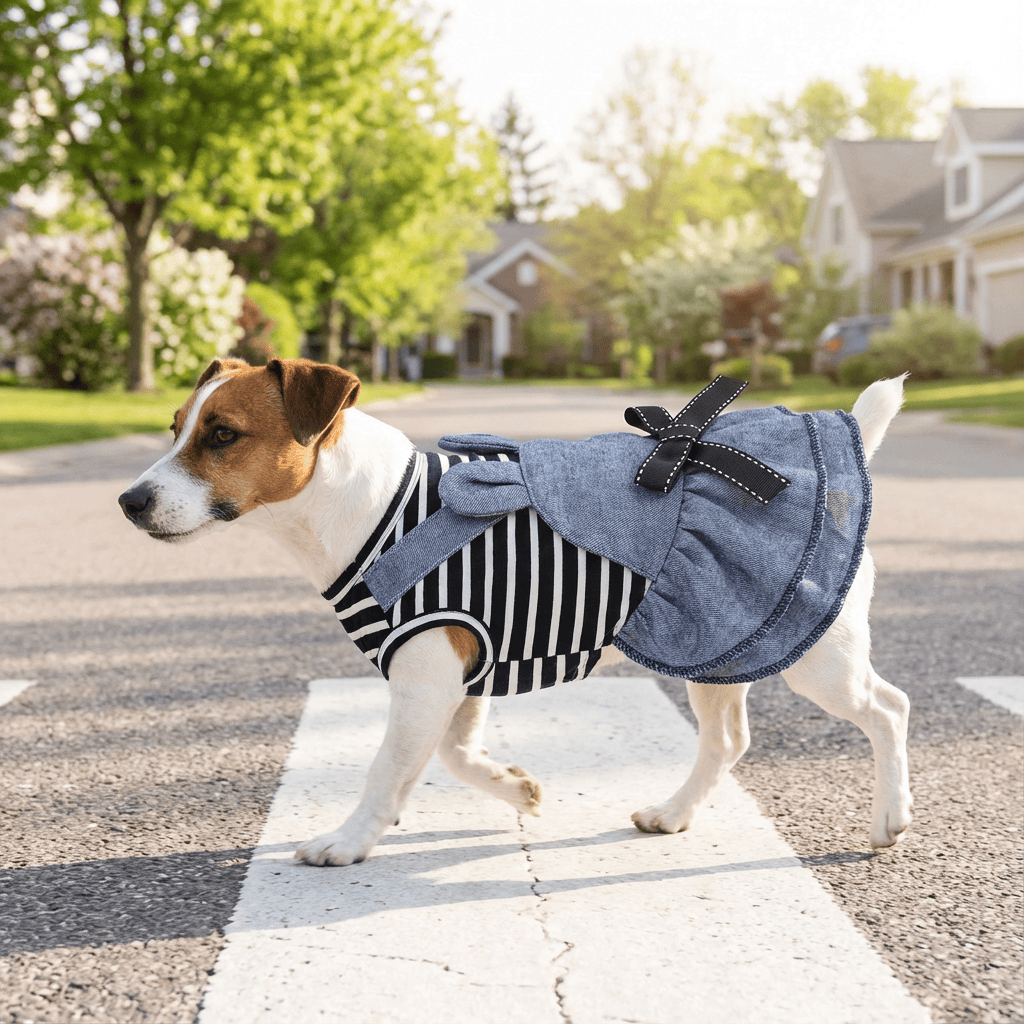 Bowknot Striped Denim Dog Dress, cute dog in denim dress with stripes, breathable material, Dogs & Cats brand.