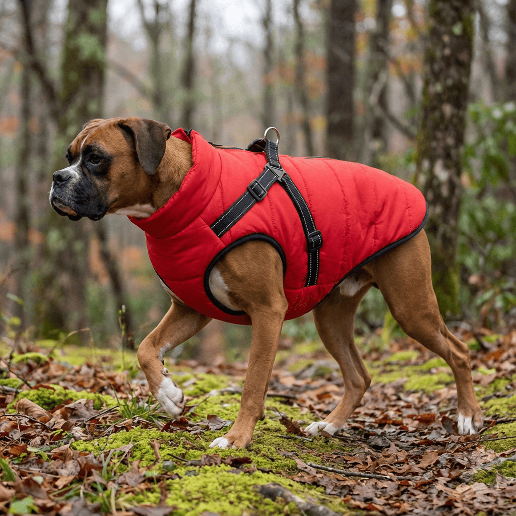 Boxer dog wearing a Golden Retriever Quilted Coat, designed for warmth and comfort while outdoors.
