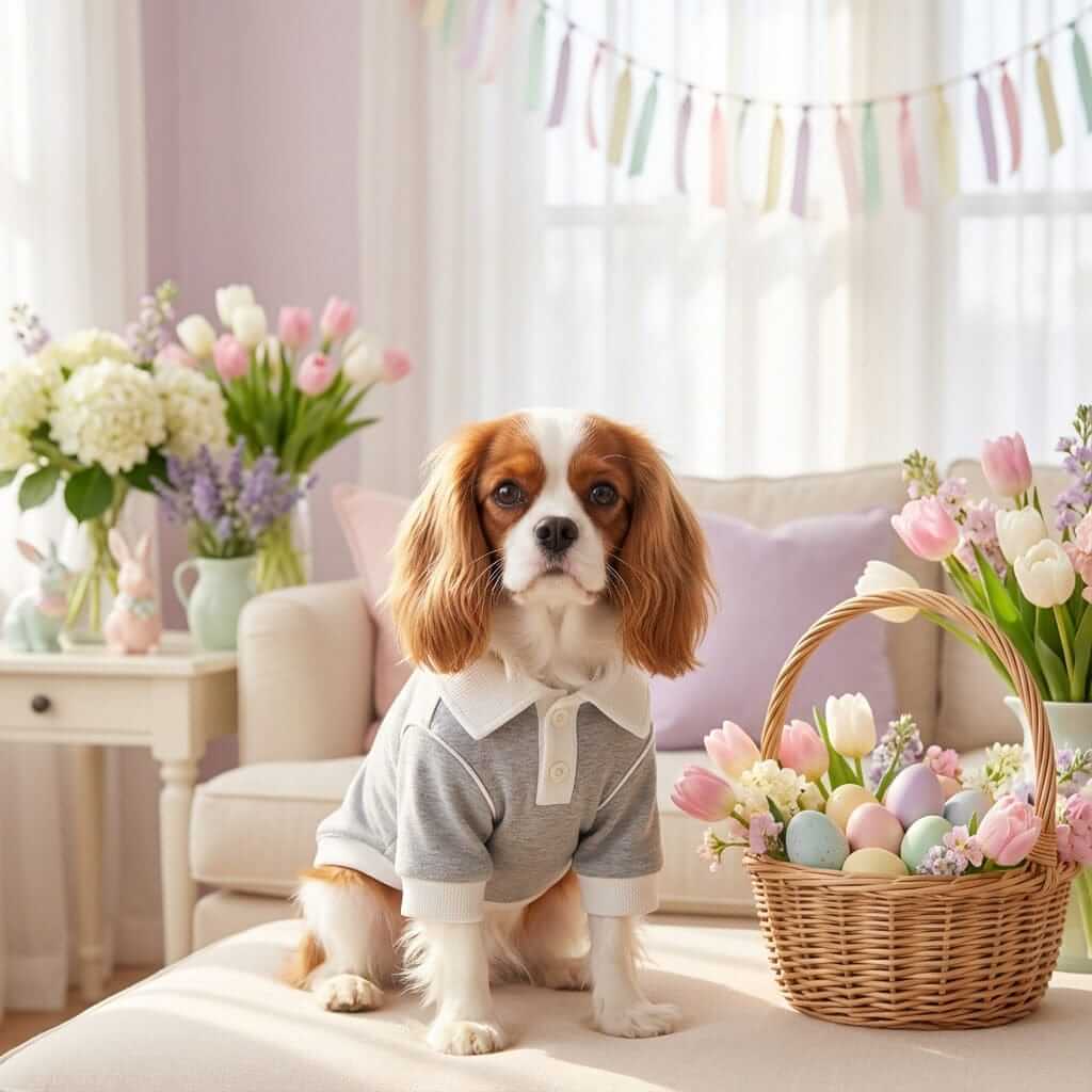 Breathable Bunny Polo Shirt on a small dog with flowers and easter eggs. Ideal spring outfit for dogs and cats.