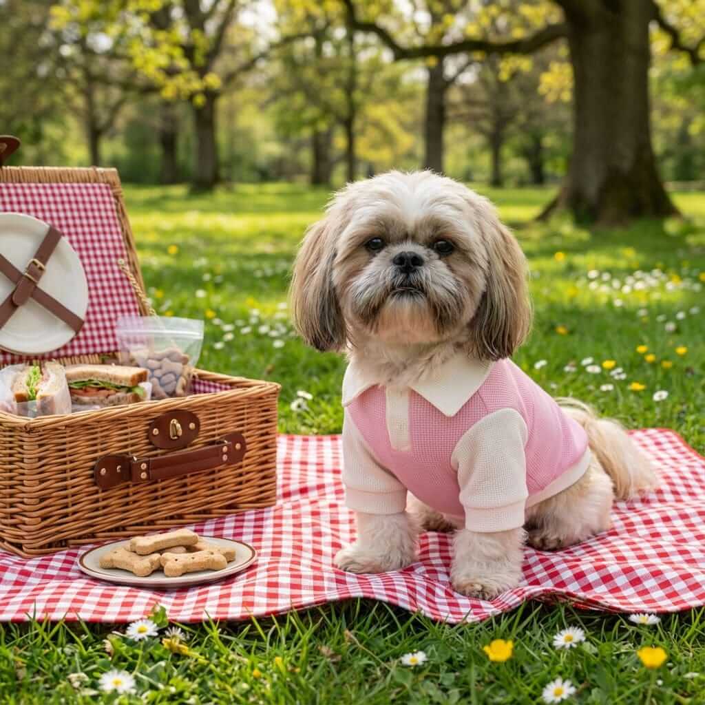 Breathable Bunny Polo Shirt on small dog at a picnic, featuring cute bunny design and breathable fabric for comfort.