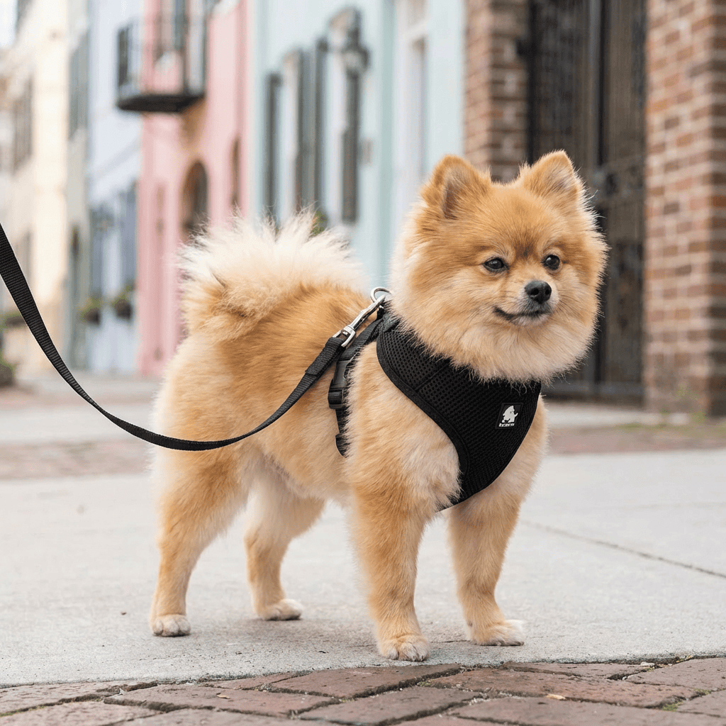 Breathable Dog Adjustable Harness on a Pomeranian for walks, featuring soft design, quick-release buckles, and adjustable fit.
