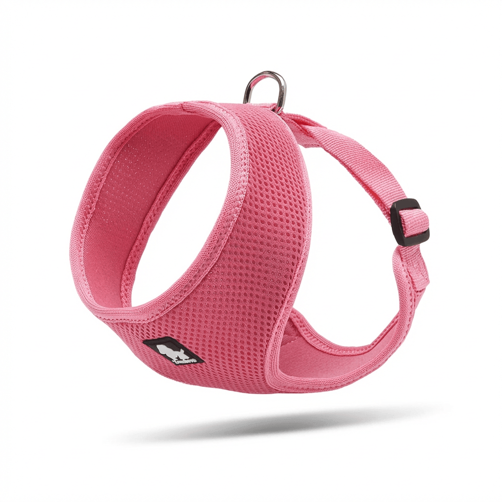 Breathable Dog Adjustable Harness in pink, soft design with quick-release buckles, perfect for dogs & cats.