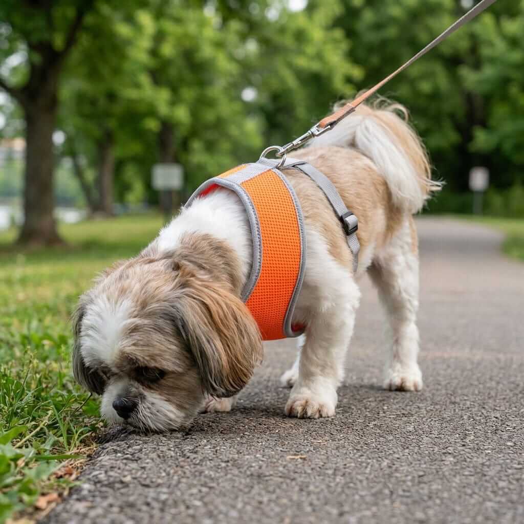 Breathable Dog Adjustable Harness on a dog sniffing the ground during a walk, featuring adjustable design and soft polyester.