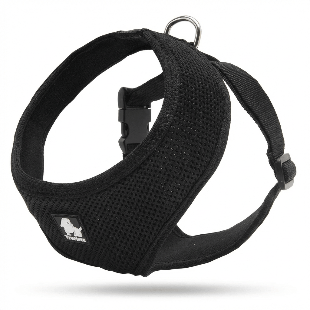 Breathable Dog Adjustable Harness in black, soft design, featuring quick-release buckles and adjustable straps for comfort.
