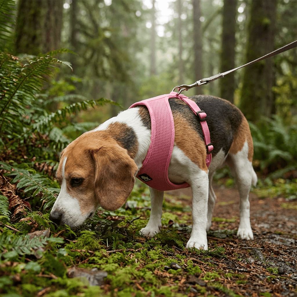 A Beagle wearing a Breathable Dog Adjustable Harness exploring a forest trail, showcasing its adjustable design and comfort.