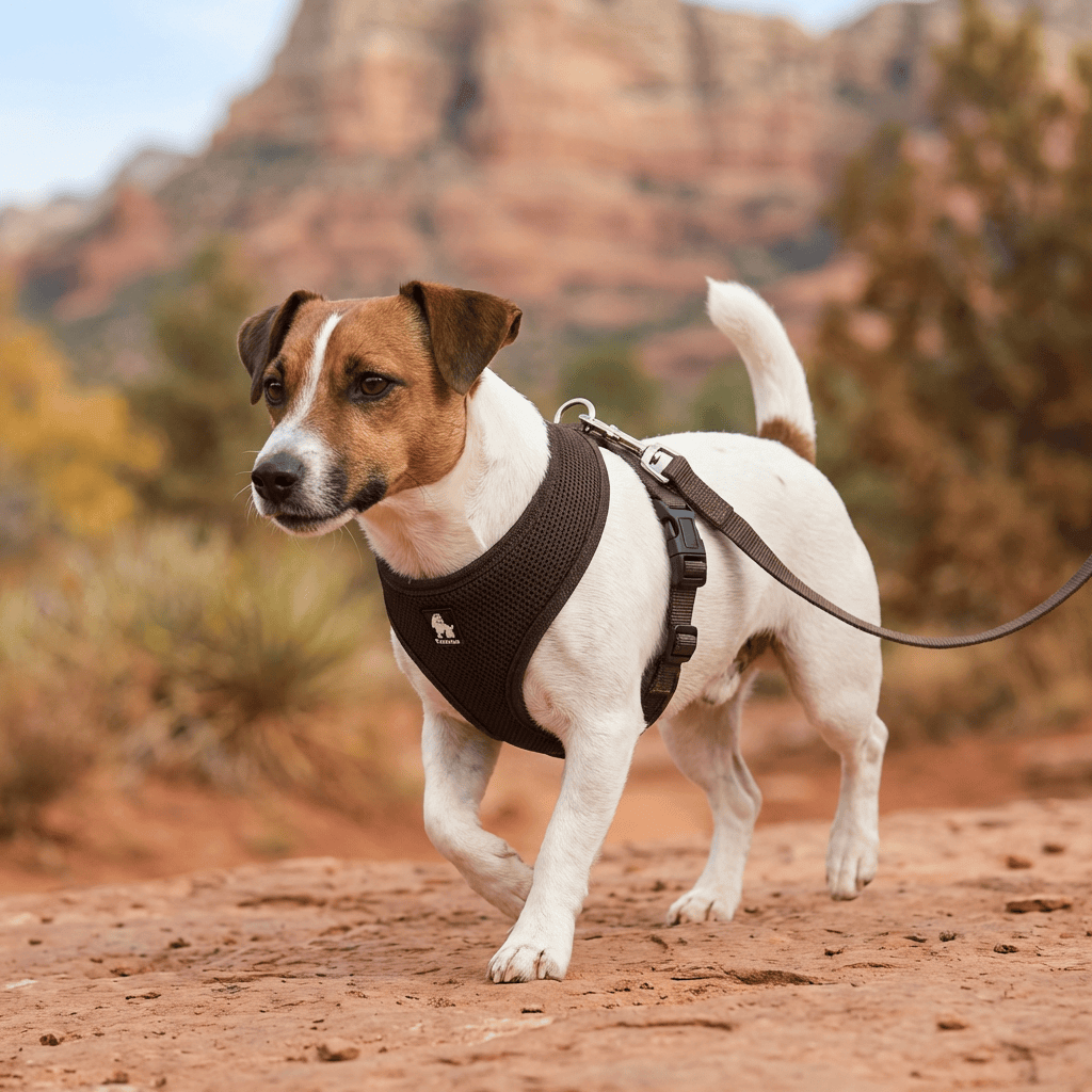 Breathable Dog Adjustable Harness on a dog walking outdoors, featuring soft design, adjustable fit, Dogs & Cats brand.