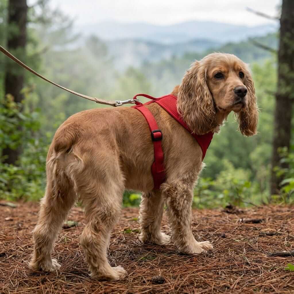 Breathable Dog Adjustable Harness on a dog in nature, features quick-release buckles and soft polyester material.