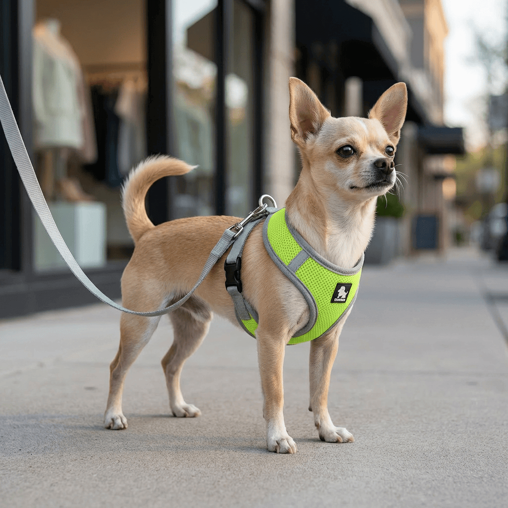 Breathable Dog Adjustable Harness on a Chihuahua, featuring adjustable design and soft polyester material.