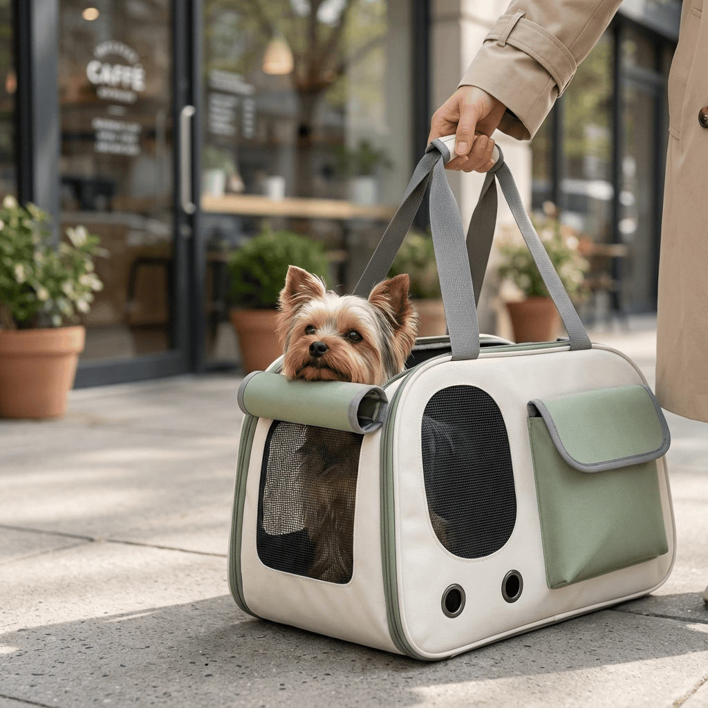 Breathable Foldable Pet Travel Bag with breathable mesh for dogs and cats, lightweight design for travel comfort.