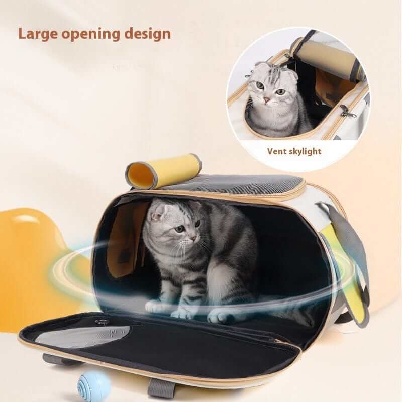 Breathable Foldable Pet Travel Bag with large opening design, featuring a cat, ensuring comfort and style for dogs and cats.