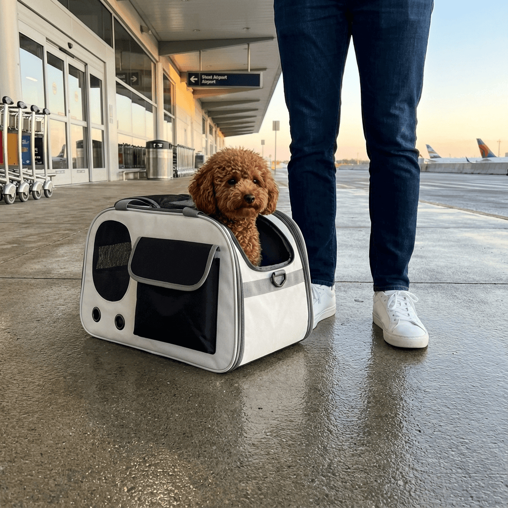 A person using a Breathable Foldable Pet Travel Bag at the airport with a small dog inside, ensuring comfort and style.