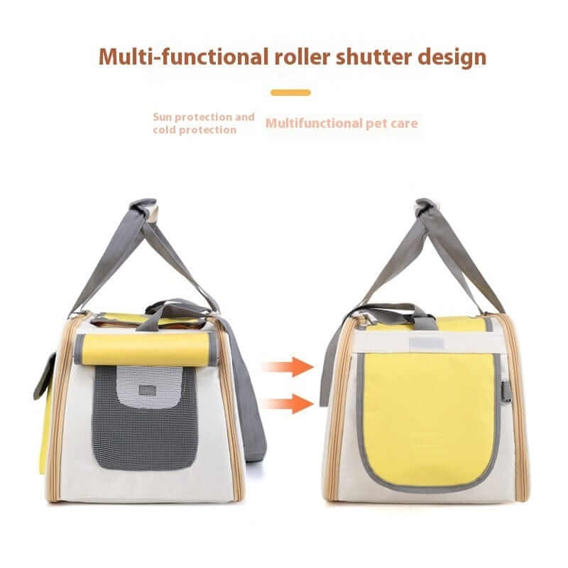 Breathable Foldable Pet Travel Bag showcasing multi-functional roller shutter design for dogs and cats.