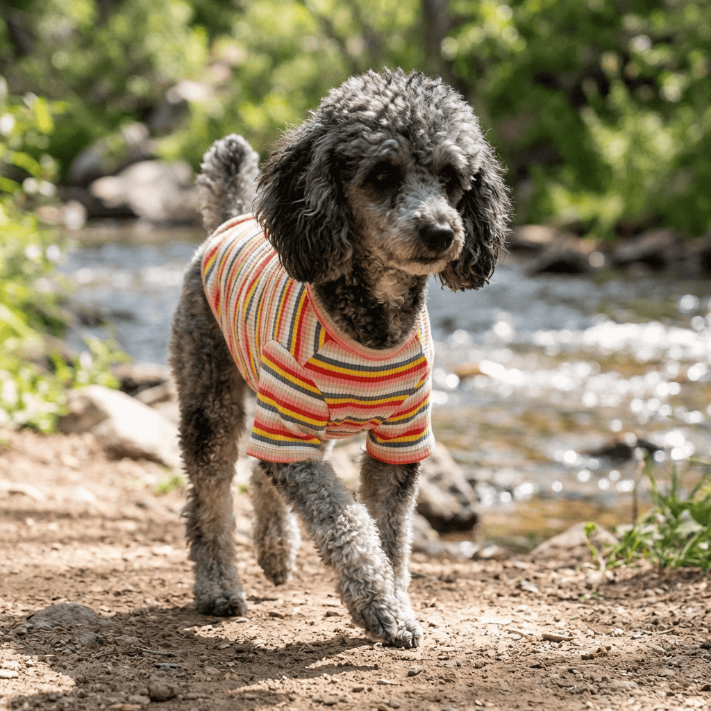Dog wearing Breathable Striped T-Shirt in colorful stripes, perfect for comfort and style in outdoor settings.