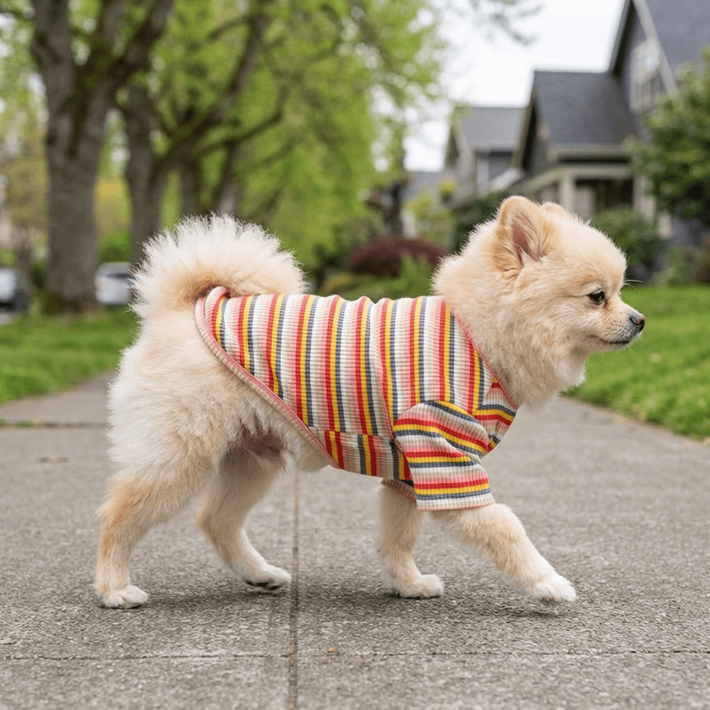 A dog wearing a Breathable Striped T-Shirt, showcasing its stylish design and comfort features on a walk.