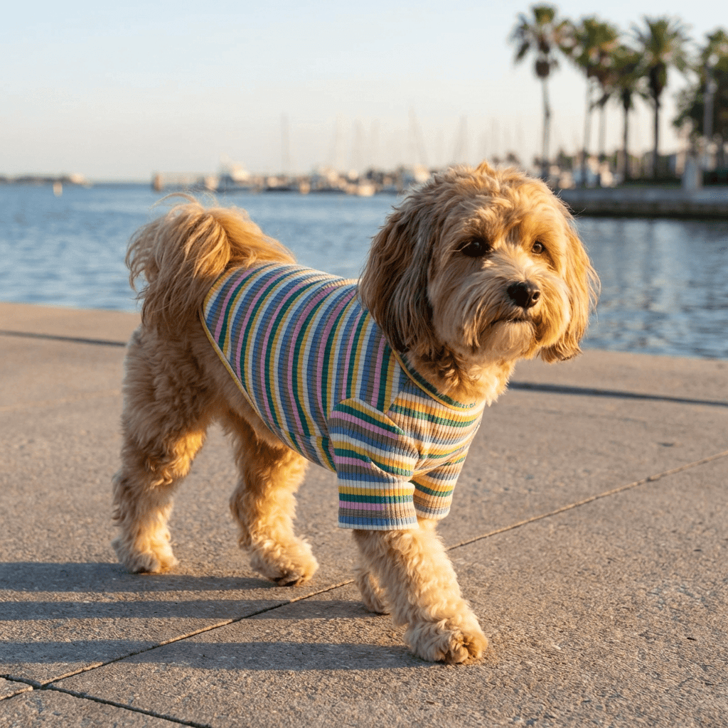 Breathable Striped T-Shirt on a fashionable dog walking by the water. Perfect for comfort and style.