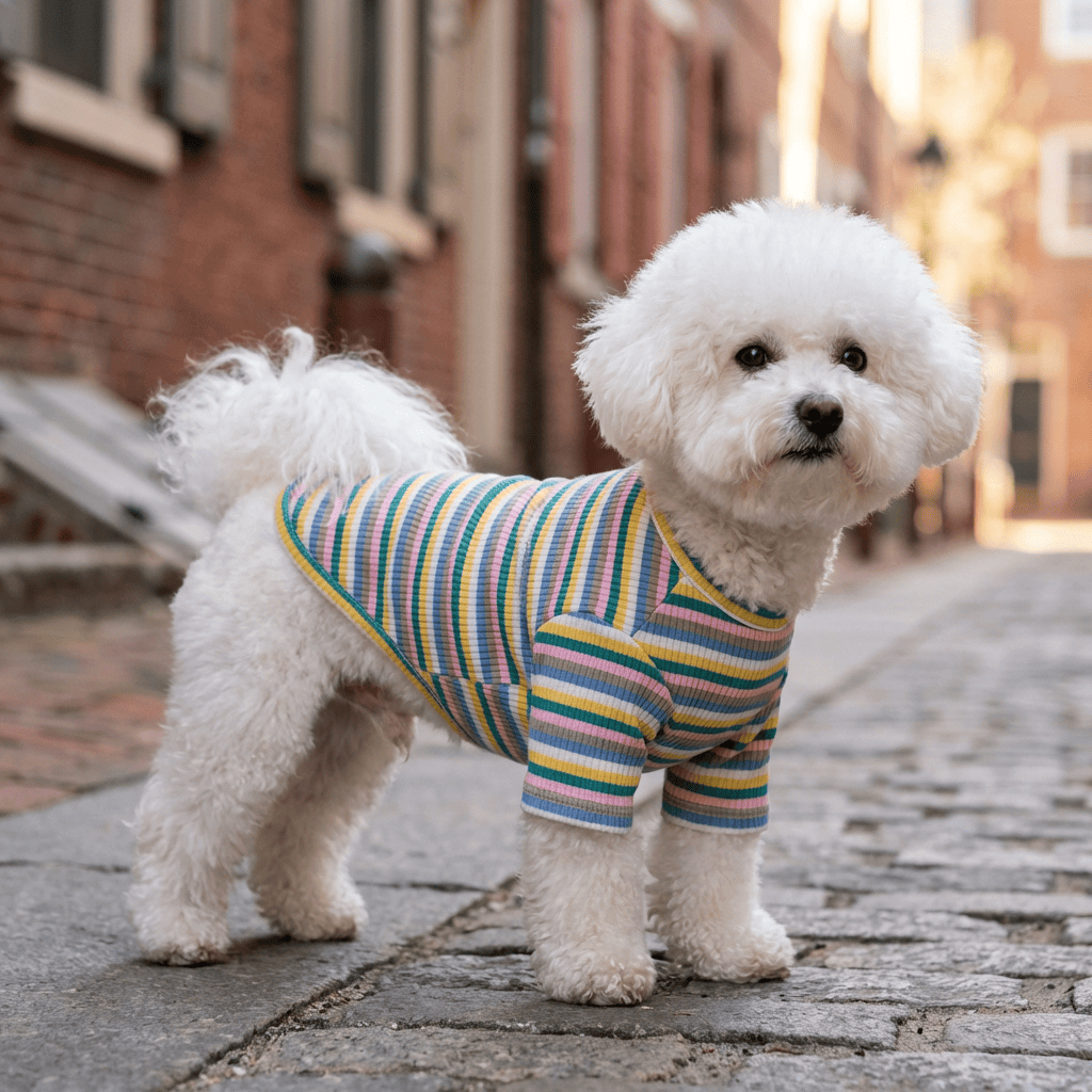 Breathable Striped T-Shirt on a fluffy white dog, featuring tailored ribbed sleeves and soft cotton for comfort by Dogs & Cats.
