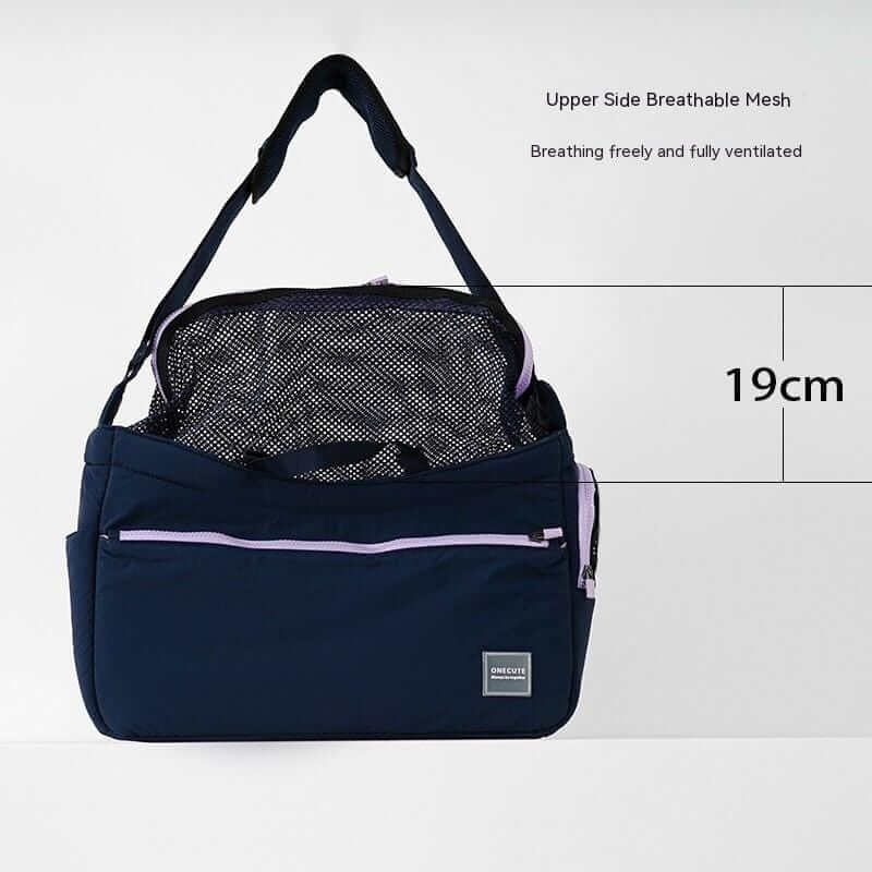 BreezeVent Pet Travel Bag with breathable mesh panels and convenient crossbody design for dogs and cats.
