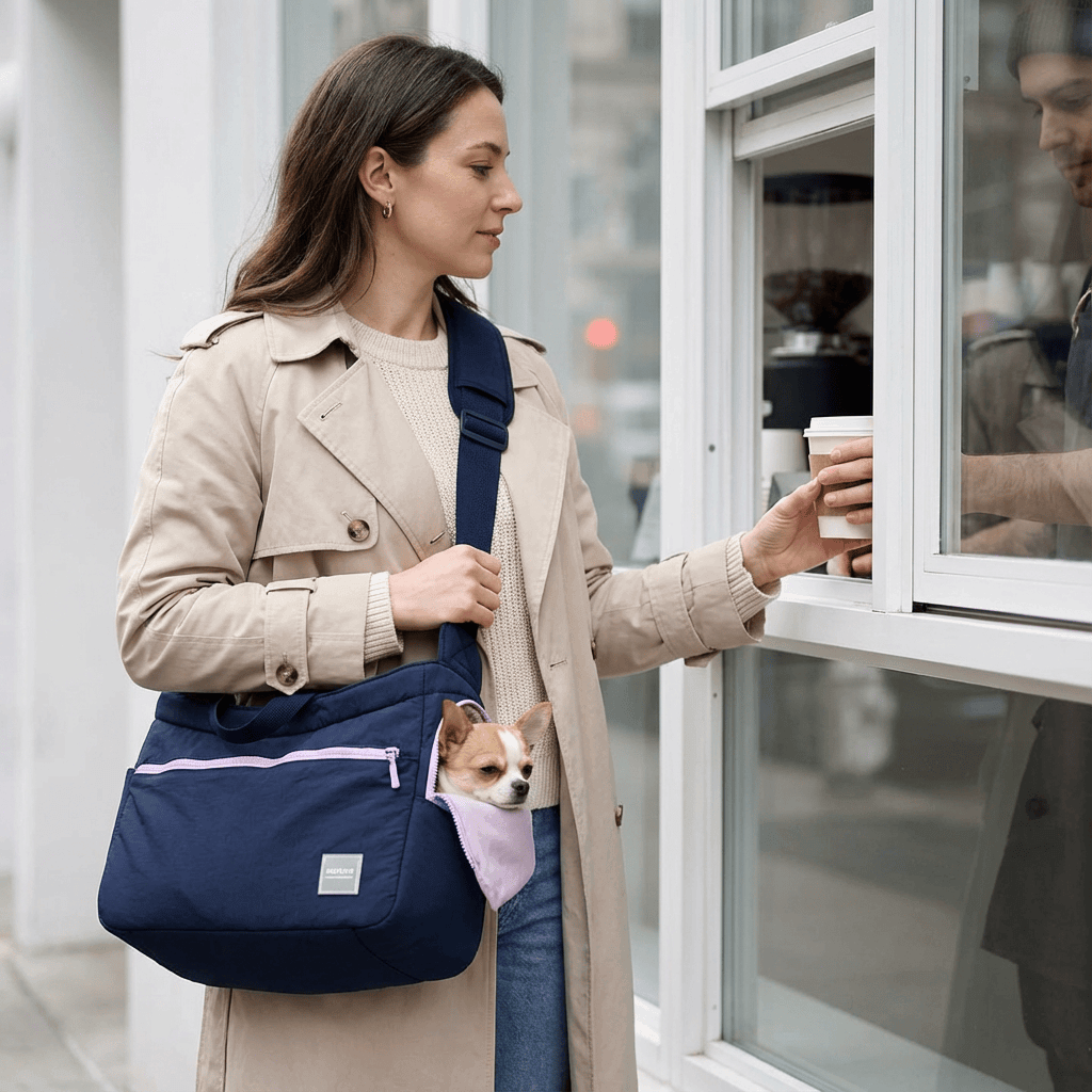 BreezeVent Pet Travel Bag featuring a woman carrying a small dog with breathable mesh for comfort and hands-free travel.