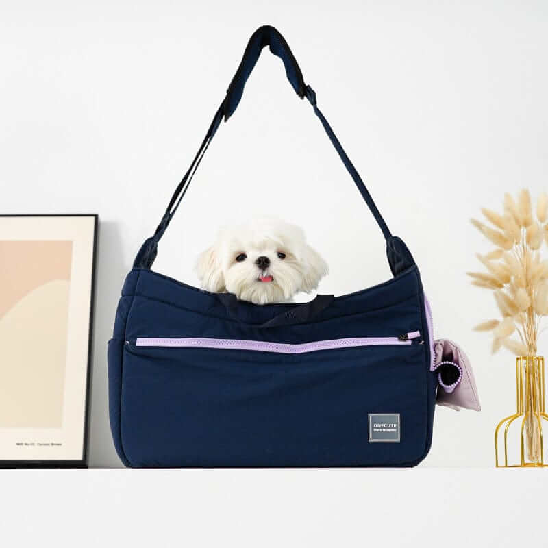 BreezeVent Pet Travel Bag for Dogs & Cats featuring breathable mesh panels and crossbody design for effortless travel.