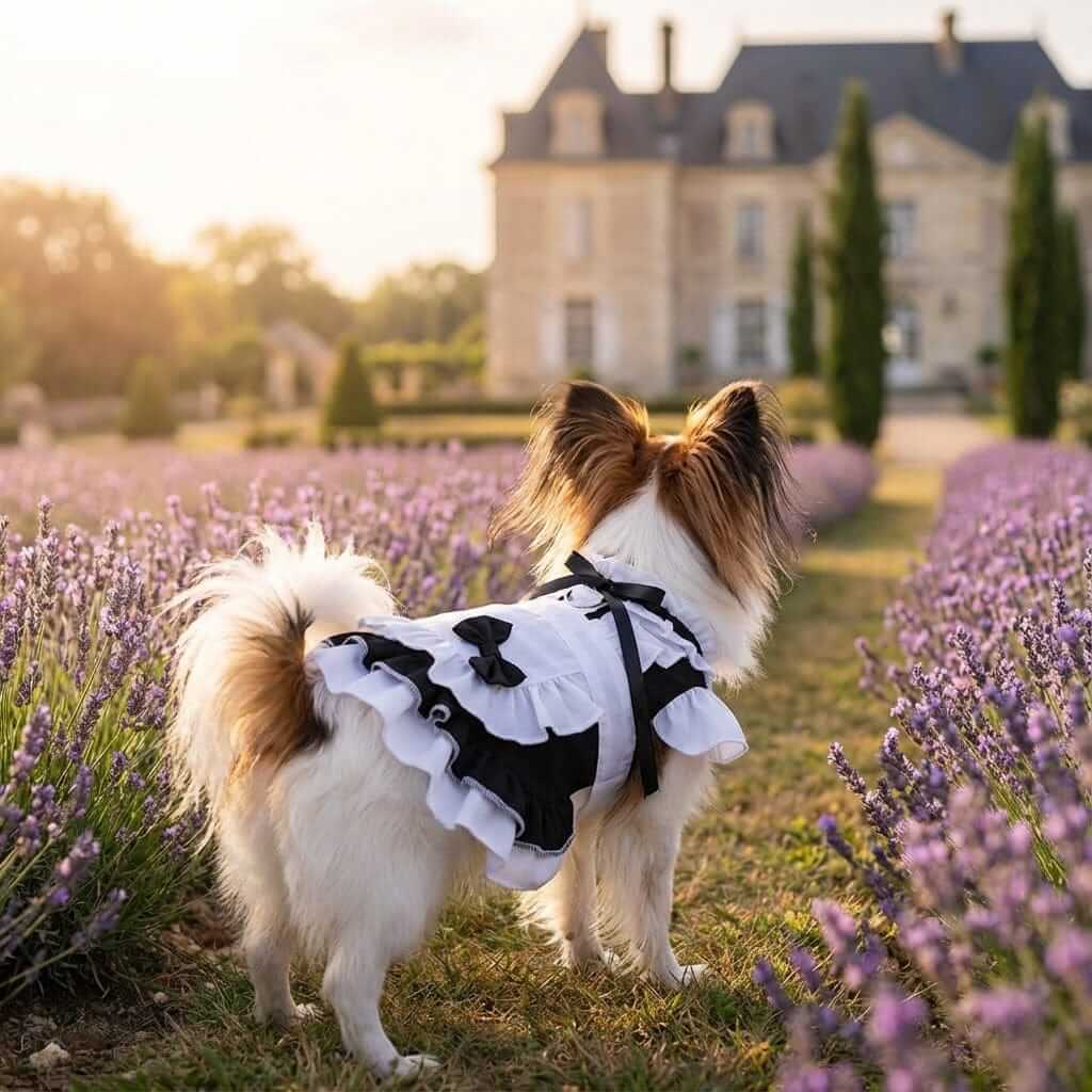 Breezy Summer Pet Frock on a small dog in lavender fields, featuring cute design for dogs and cats.
