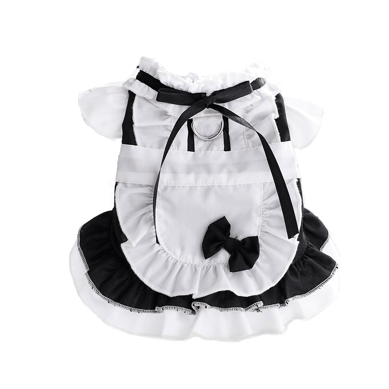Breezy Summer Pet Frock for dogs and cats featuring a charming black and white design with ruffles and a cute bow.