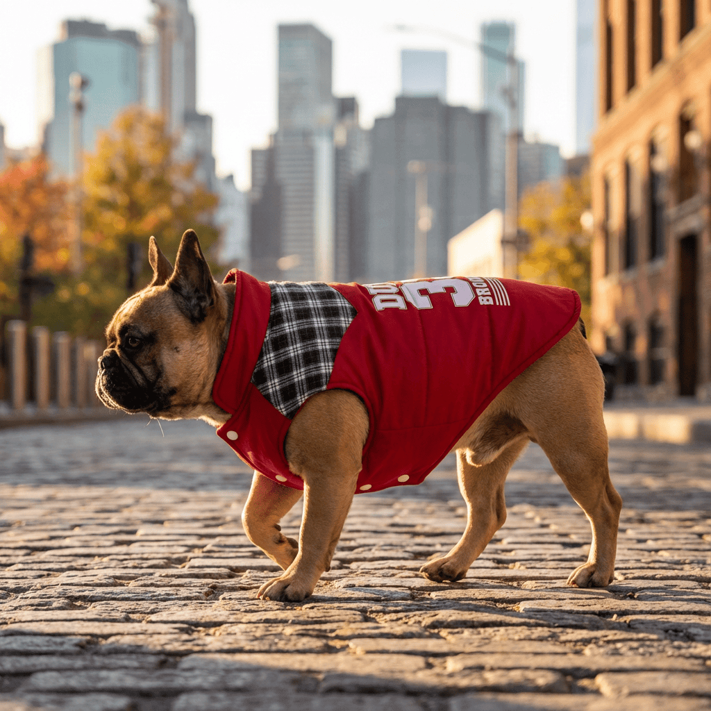 Brooklyn Dude Plaid Dog Jacket on a French Bulldog, featuring a breathable soft design for comfort in cold weather.