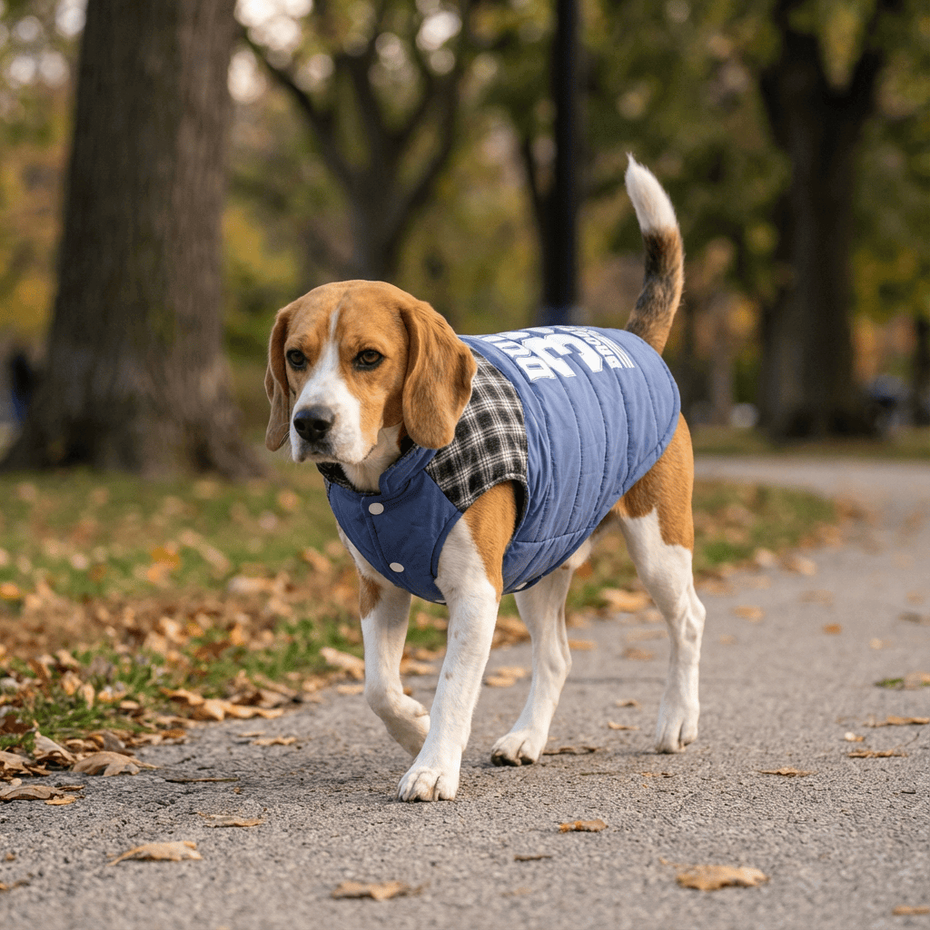 Brooklyn Dude Plaid Dog Jacket on a beagle walking in a park, featuring breathable, lightweight design for dogs and cats.