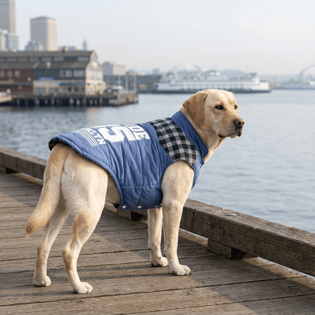 Brooklyn Dude Plaid Dog Jacket on a Labrador by the water, featuring breathable, lightweight, and cozy design.